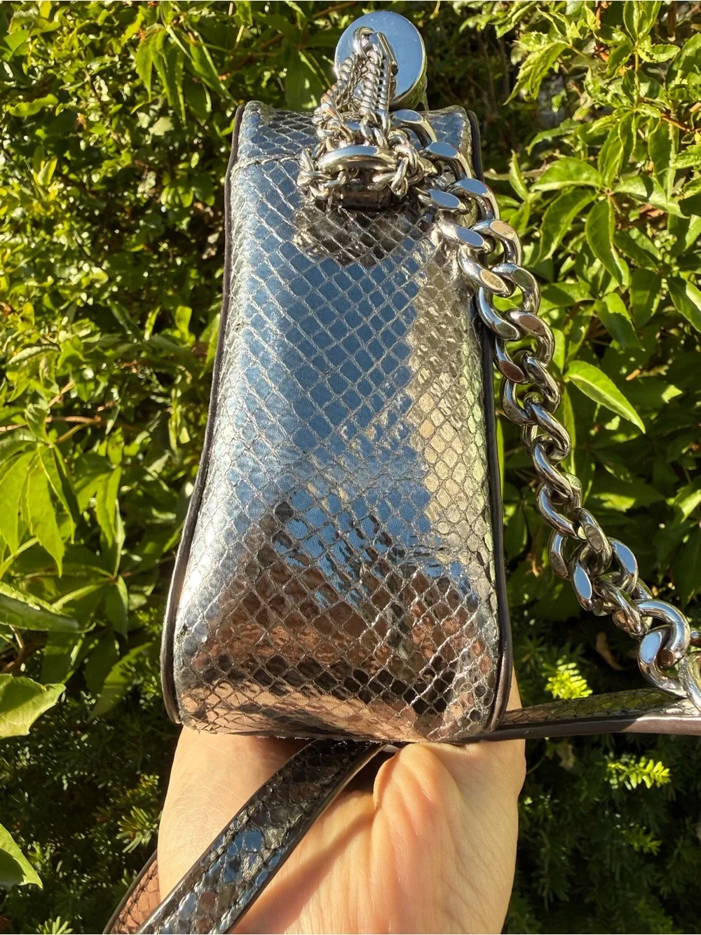 Michael Kors Ginny Metallic Pewter Snakeskin Camera Crossbody Bag READ DESC.